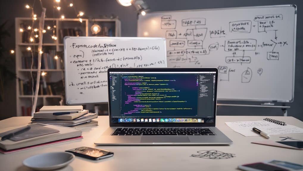Modern coding environment with laptop, whiteboards, and notebooks for developers.