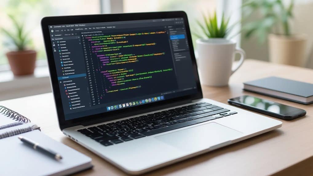 High-resolution image of a laptop displaying source code, with nearby workspace items including a smartphone, notebooks, and pens, on a wooden desk with potted plants in the background.