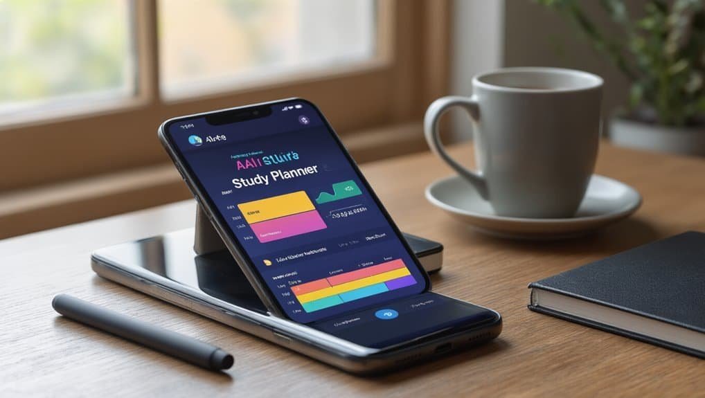AI All Stier Study Planner app displayed on a smartphone on a wooden desk with a coffee mug, notebook, and pen, illustrating digital planning tools for students and professionals.