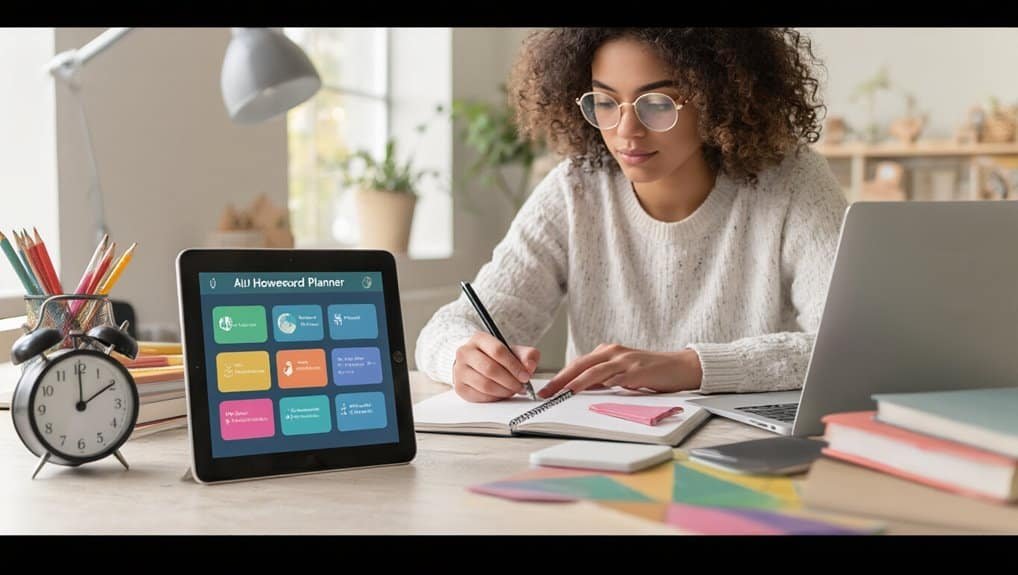 AI Homework Planner With Reminders for ADHD Students 3 Stay organized with digital planning tools on a tablet, featuring a colorful all-in-one homework planner displayed alongside study materials on a bright, modern desk.