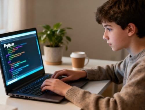 Boy coding Python on a laptop with colorful code interface visible, demonstrating kids learning to code, at home.