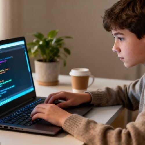 Boy coding Python on a laptop with colorful code interface visible, demonstrating kids learning to code, at home.