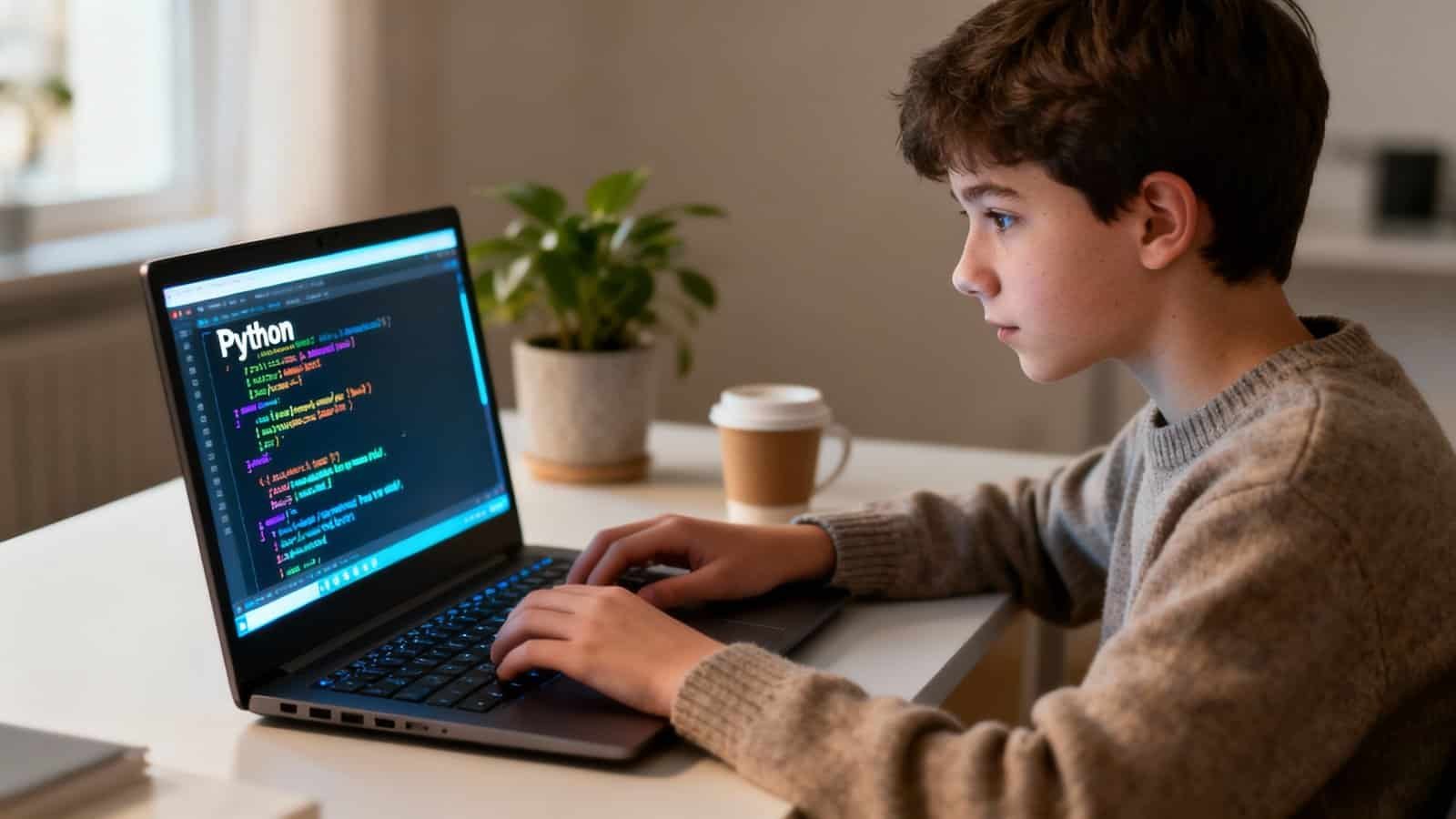 Boy coding Python on a laptop with colorful code interface visible, demonstrating kids learning to code, at home.