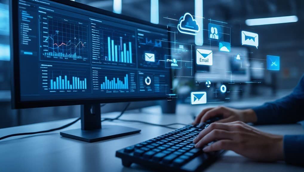 Chemicloud Hosting With Fastest Support Response Times 2 Advanced data analytics and cloud-based communication icons on a computer screen showcasing website tools and digital marketing solutions.