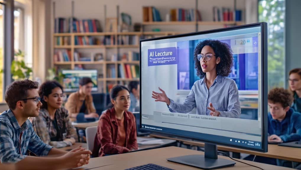 Free AI Lecture Summarizer for Zoom and Google Meet 2 1. Female instructor delivering AI lecture on a large screen in a modern classroom with students attentively listening.