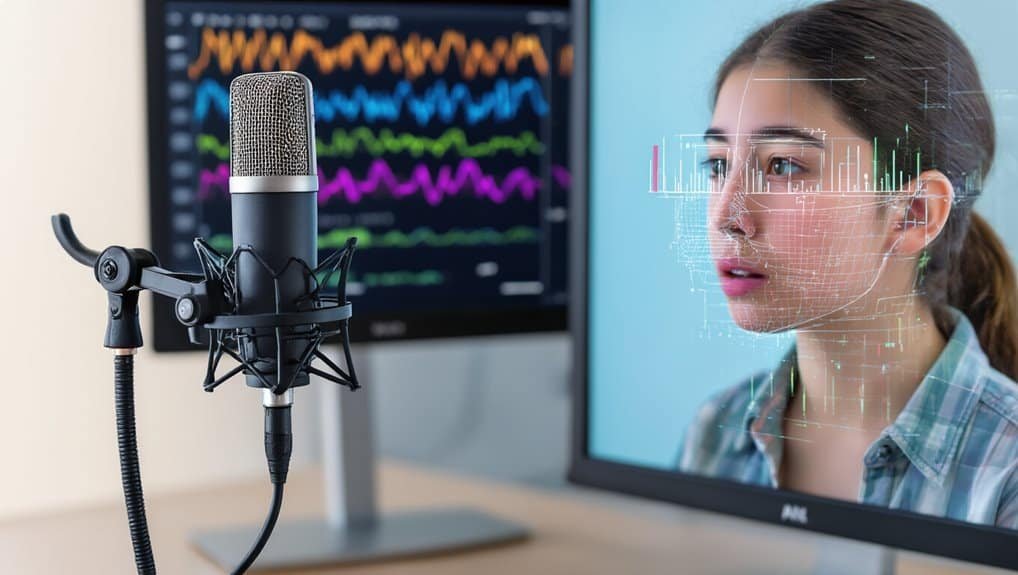 High-tech microphone and digital analysis overlay show advanced voice recognition software used for AI voice synthesis and monitoring.