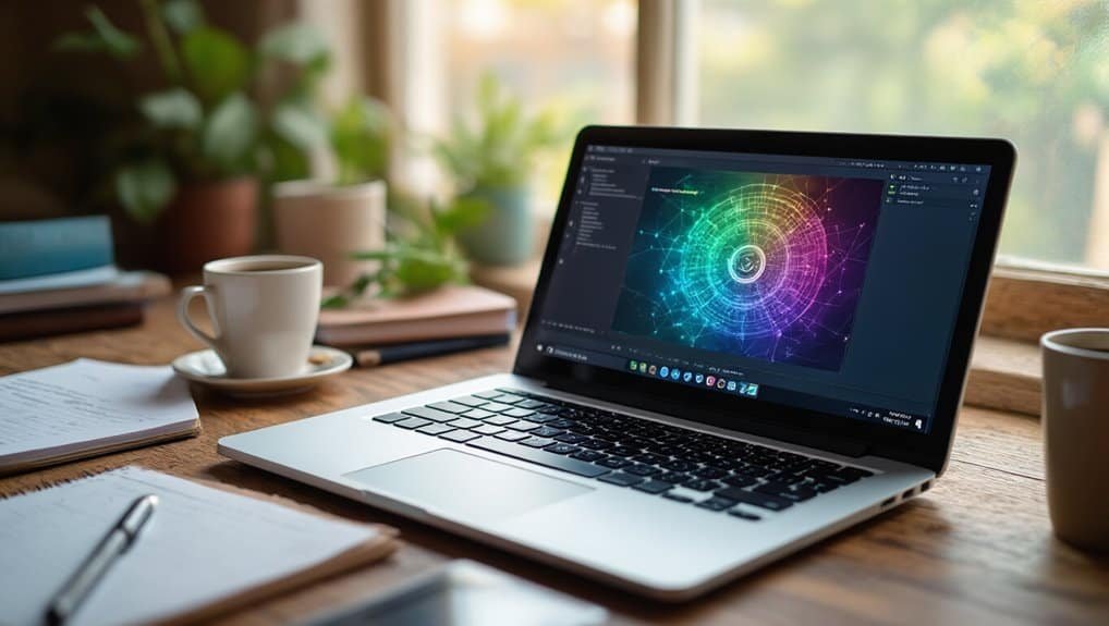 AI-generated image of a sleek laptop displaying a vibrant, colorful digital interface, with a cozy workspace setting including coffee mugs, notebooks, and potted plants on a wooden table by a window.