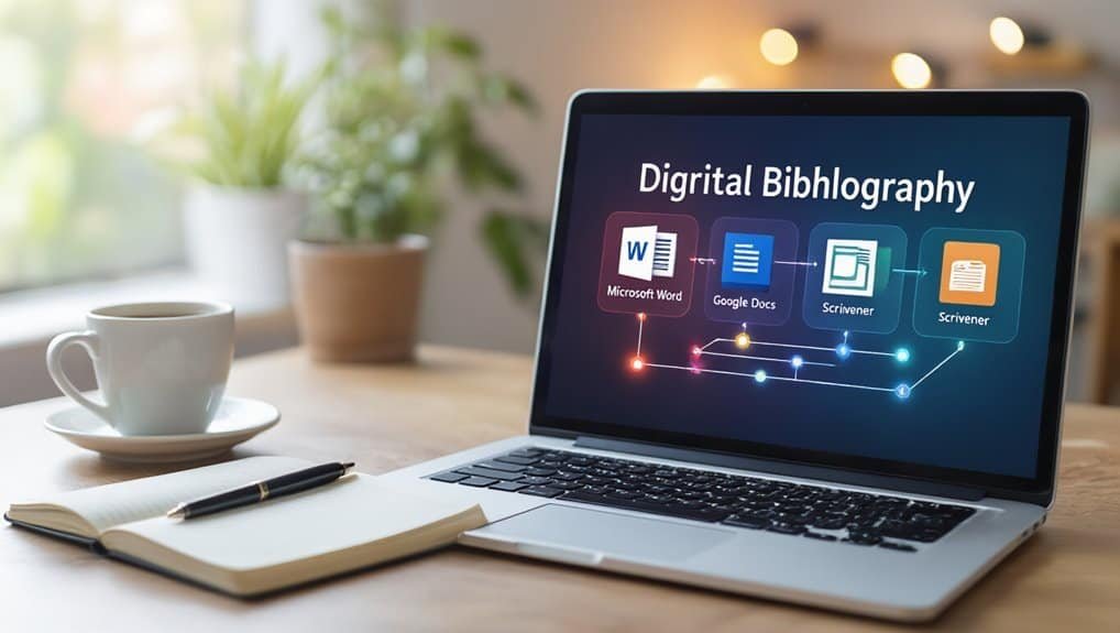 Digital bibliography tools displayed on a laptop screen with icons for Microsoft Word, Google Docs, and Scrivener, emphasizing digital citation and writing management.