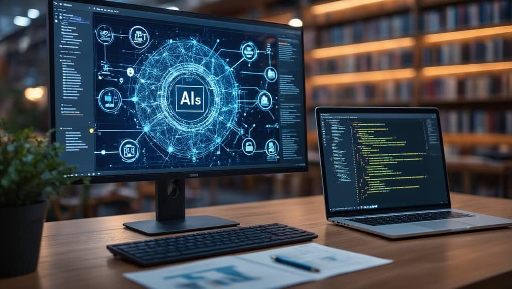 Advanced AI technology interface displaying interconnected digital icons for web development and automation.