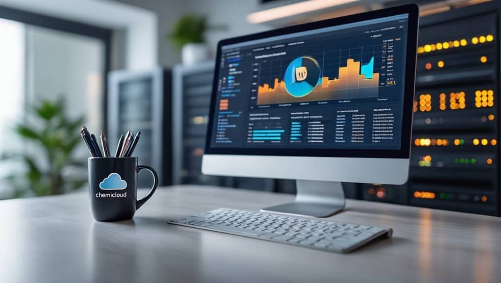 Analysis of a data analytics dashboard on a desktop computer with server racks. The setup showcases website tools and digital data management, emphasizing innovative online solutions.