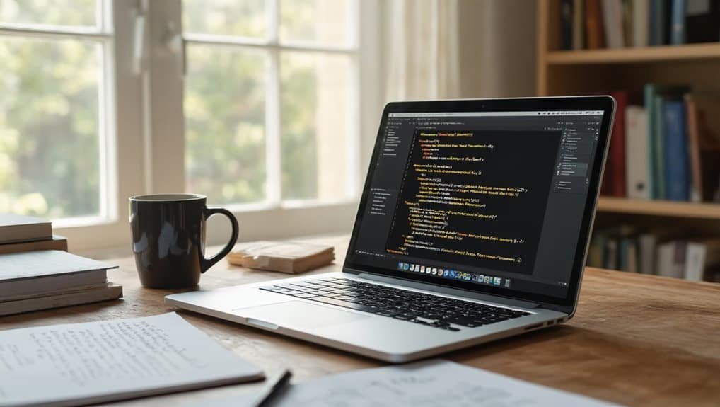 Coding on a laptop with a dark-themed code editor open, surrounded by notebooks and a coffee mug, in a cozy home office setting with natural daylight through large windows.