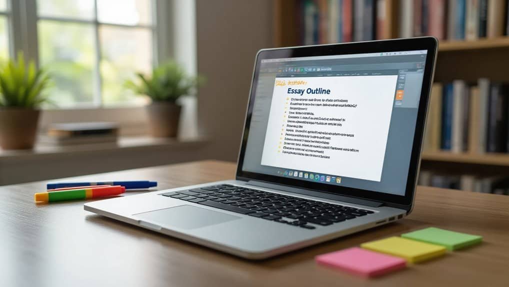 Efficient laptop on wooden desk displaying essay outline with colorful pens and sticky notes, in a bright room with large windows and bookshelves in the background.