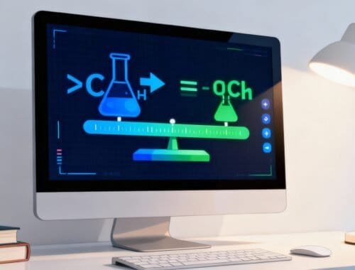 Elegant and modern computer setup with molecular chemistry graphics on the screen, highlighting scientific research and online tools for chemistry and website technology enthusiasts.