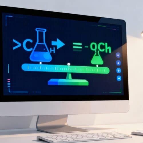 Elegant and modern computer setup with molecular chemistry graphics on the screen, highlighting scientific research and online tools for chemistry and website technology enthusiasts.