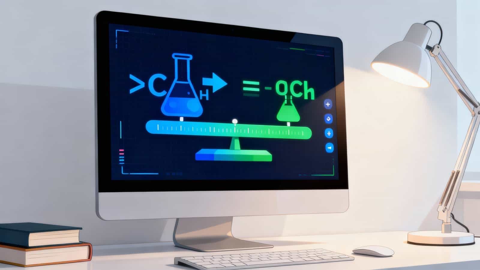 Elegant and modern computer setup with molecular chemistry graphics on the screen, highlighting scientific research and online tools for chemistry and website technology enthusiasts.