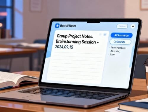1. AI digital note-taking app on laptop screen for team project brainstorming with features like collaboration and summarization.