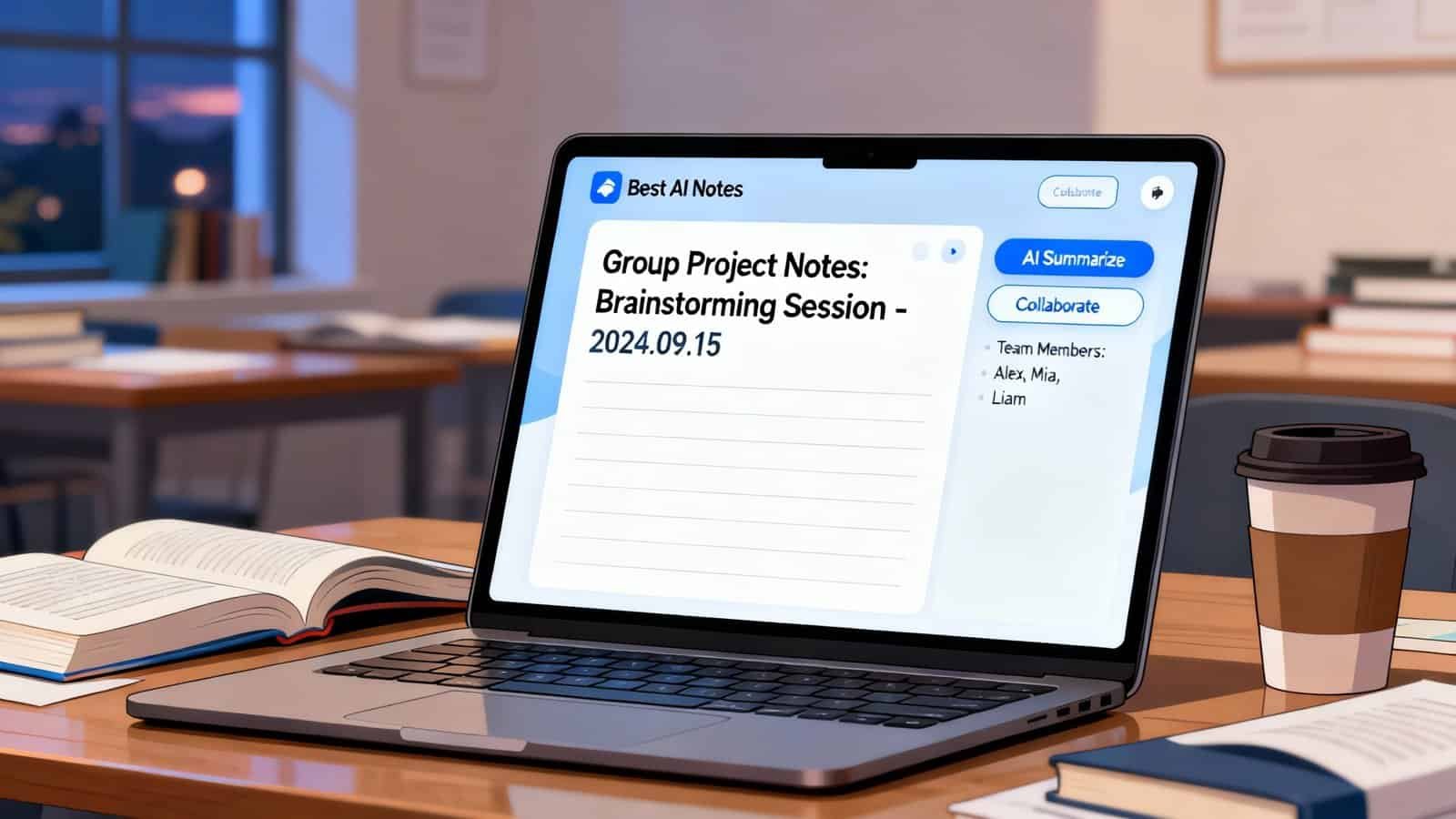1. AI digital note-taking app on laptop screen for team project brainstorming with features like collaboration and summarization.