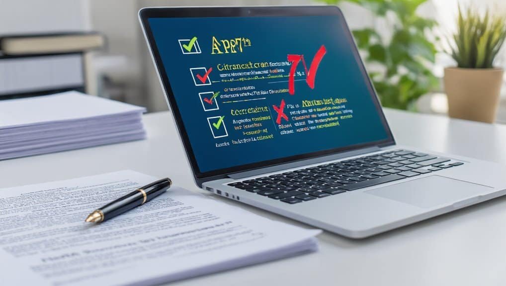 Checklist on laptop screen for website app development and testing, with notes and marked items, in a professional workspace with documents and pen.