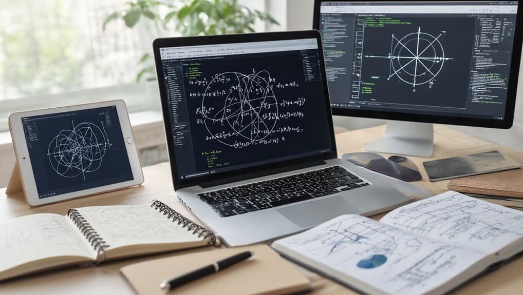 AI Physics Problem Solver That Shows Derivations 3 An organized workspace with laptops, tablets, notebooks, and sketches displaying mathematical diagrams and programming code, ideal for software development and engineering projects.