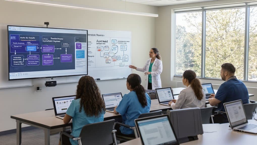 Effective ALT text for SEO purposes, describing a classroom setting with a female instructor and students using laptops during a presentation on website tools.