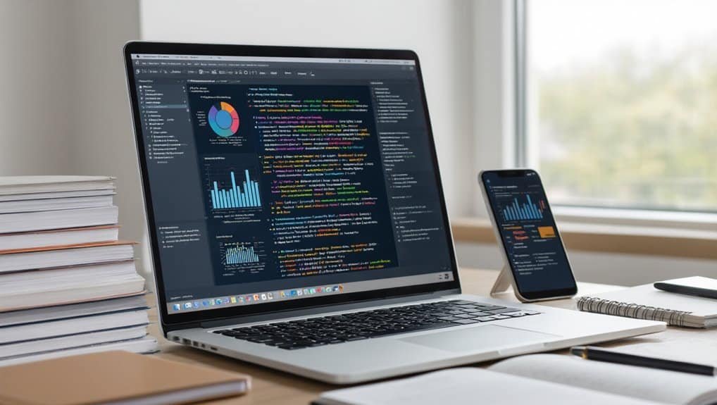 Visual of a laptop and smartphone displaying coding and analytics data, on a desk with notebooks and a stack of papers, in a bright office setting.
