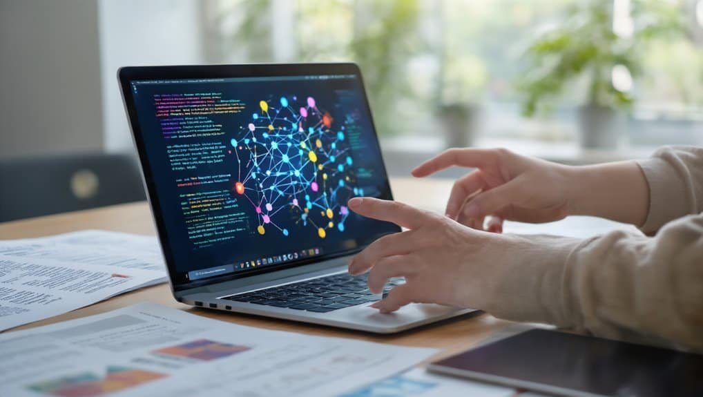 AI Tool to Summarize Research Papers for Students 2 AI-powered data visualization and network analysis on a sleek laptop screen in a modern workspace.