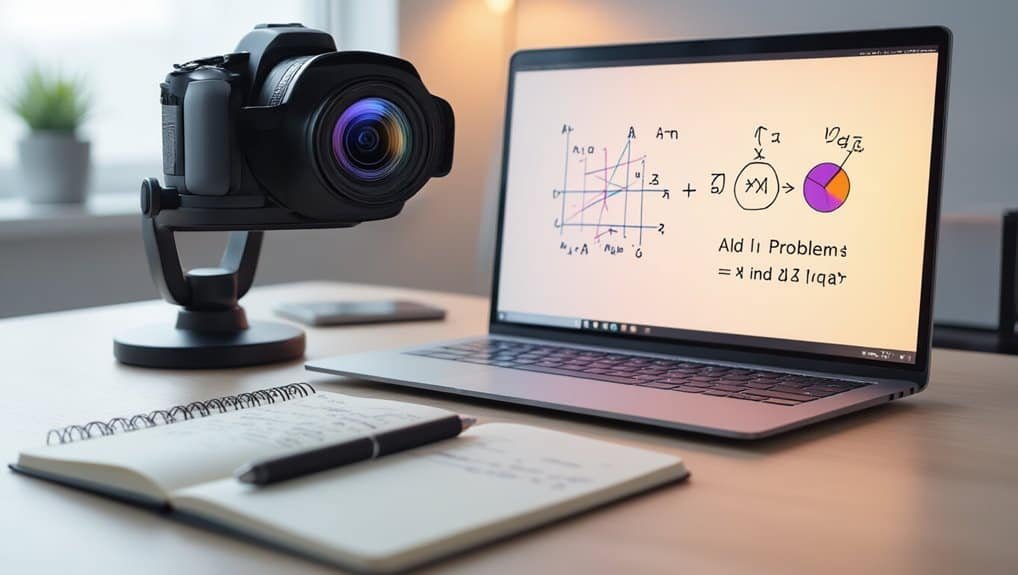Versatile camera and laptop workspace for content creation, studying, and presenting with math diagrams on the screen, complemented by notebooks for planning and note-taking.
