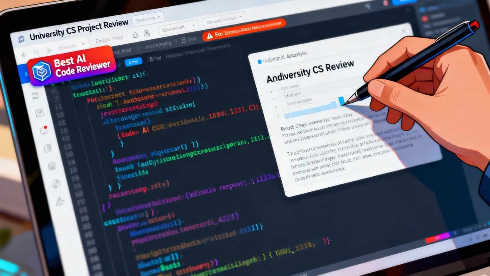 Interactive coding and project review on a laptop screen for website tools and products.