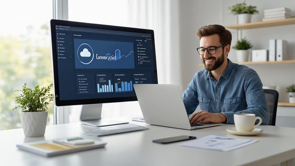Best Hosting for Non Technical Small Business Owners 2 Cloud computing analytics dashboard displaying data trends and graphs on a large monitor.