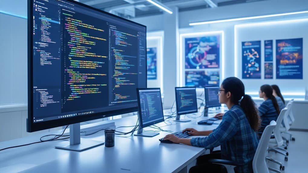 Free AI Code Explainer for Students Learning Algorithms 2 A scene of young women coding on multiple monitors in a modern tech classroom, emphasizing the latest website development tools and digital workspace efficiency.