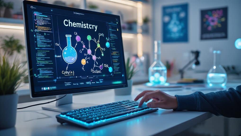 High-tech computer screen displaying chemistry diagrams and molecular structures in a modern laboratory setting.