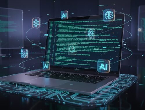 A digital workspace showcasing AI-powered coding and development tools with holographic interface elements, emphasizing advanced technology and innovation.