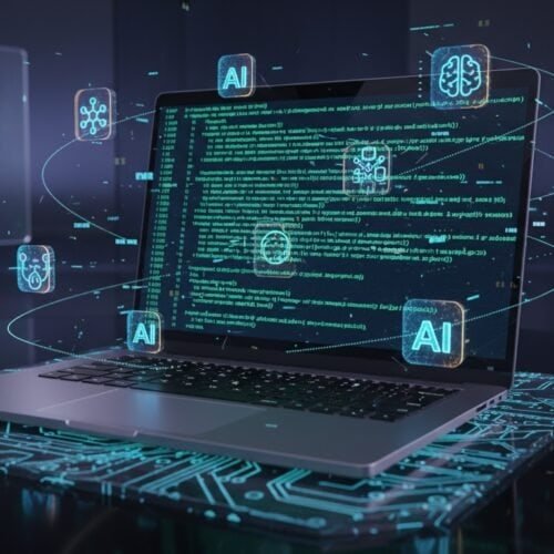 A digital workspace showcasing AI-powered coding and development tools with holographic interface elements, emphasizing advanced technology and innovation.
