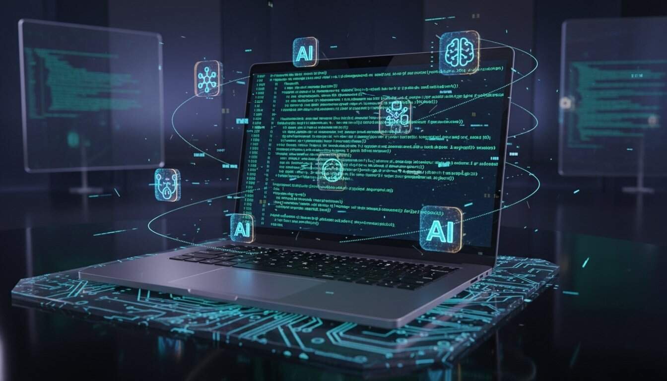A digital workspace showcasing AI-powered coding and development tools with holographic interface elements, emphasizing advanced technology and innovation.