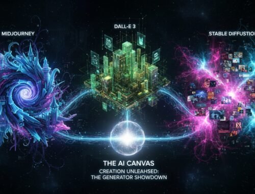 A vibrant AI-generated digital artwork illustrating the creative process with colorful abstract visuals, cityscape, and dynamic neural connections representing the AI canvas and generator showdown.