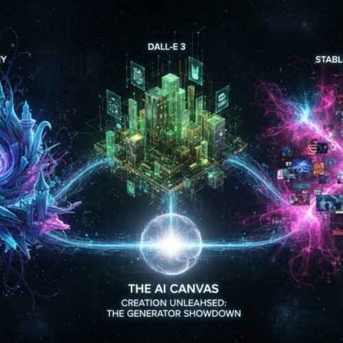 A vibrant AI-generated digital artwork illustrating the creative process with colorful abstract visuals, cityscape, and dynamic neural connections representing the AI canvas and generator showdown.