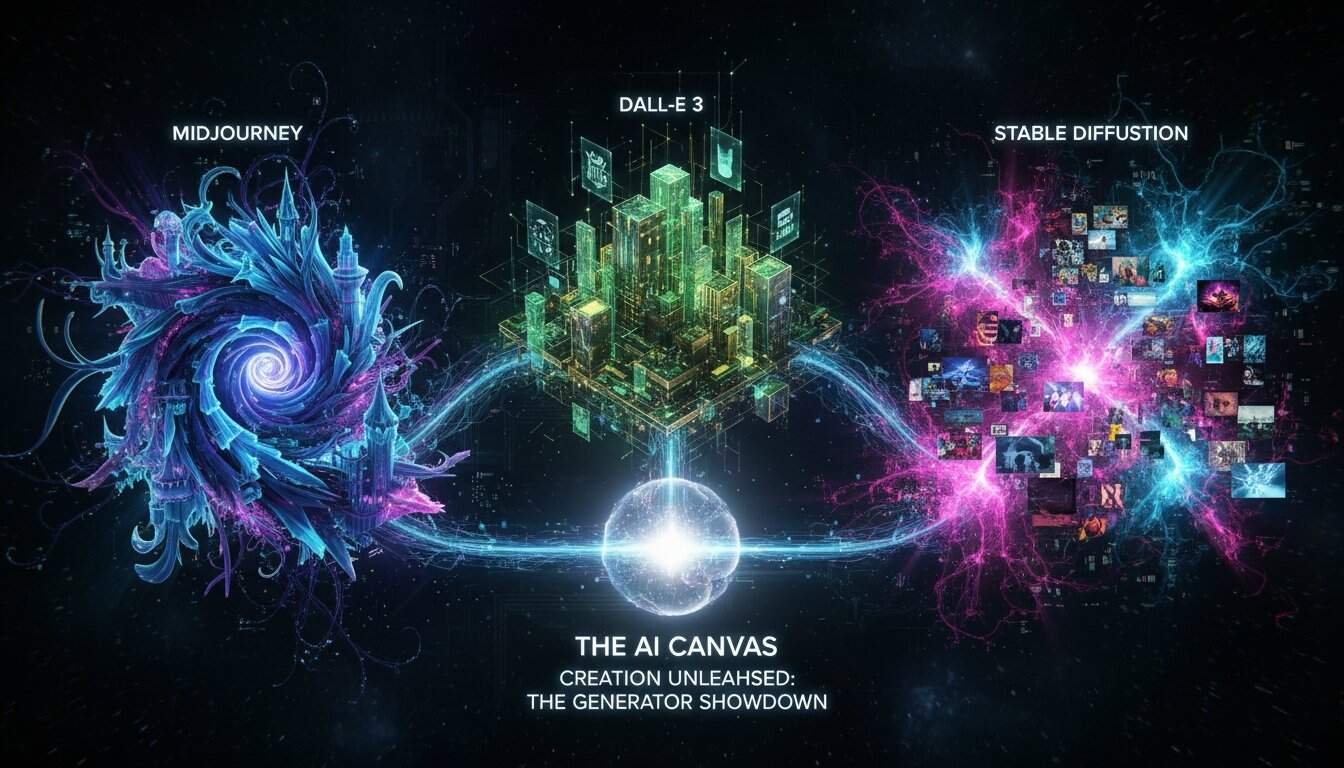 A vibrant AI-generated digital artwork illustrating the creative process with colorful abstract visuals, cityscape, and dynamic neural connections representing the AI canvas and generator showdown.