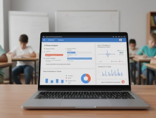 An educational setting with students taking a test, featuring a laptop displaying analytical data, charts, and progress metrics for website tools and products.