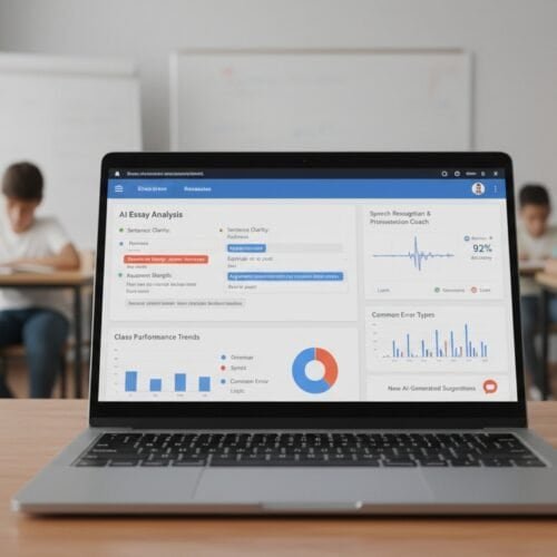 Google Classroom New AI Features: How Teachers Automate Feedback Without Losing Control 5 An educational setting with students taking a test, featuring a laptop displaying analytical data, charts, and progress metrics for website tools and products.