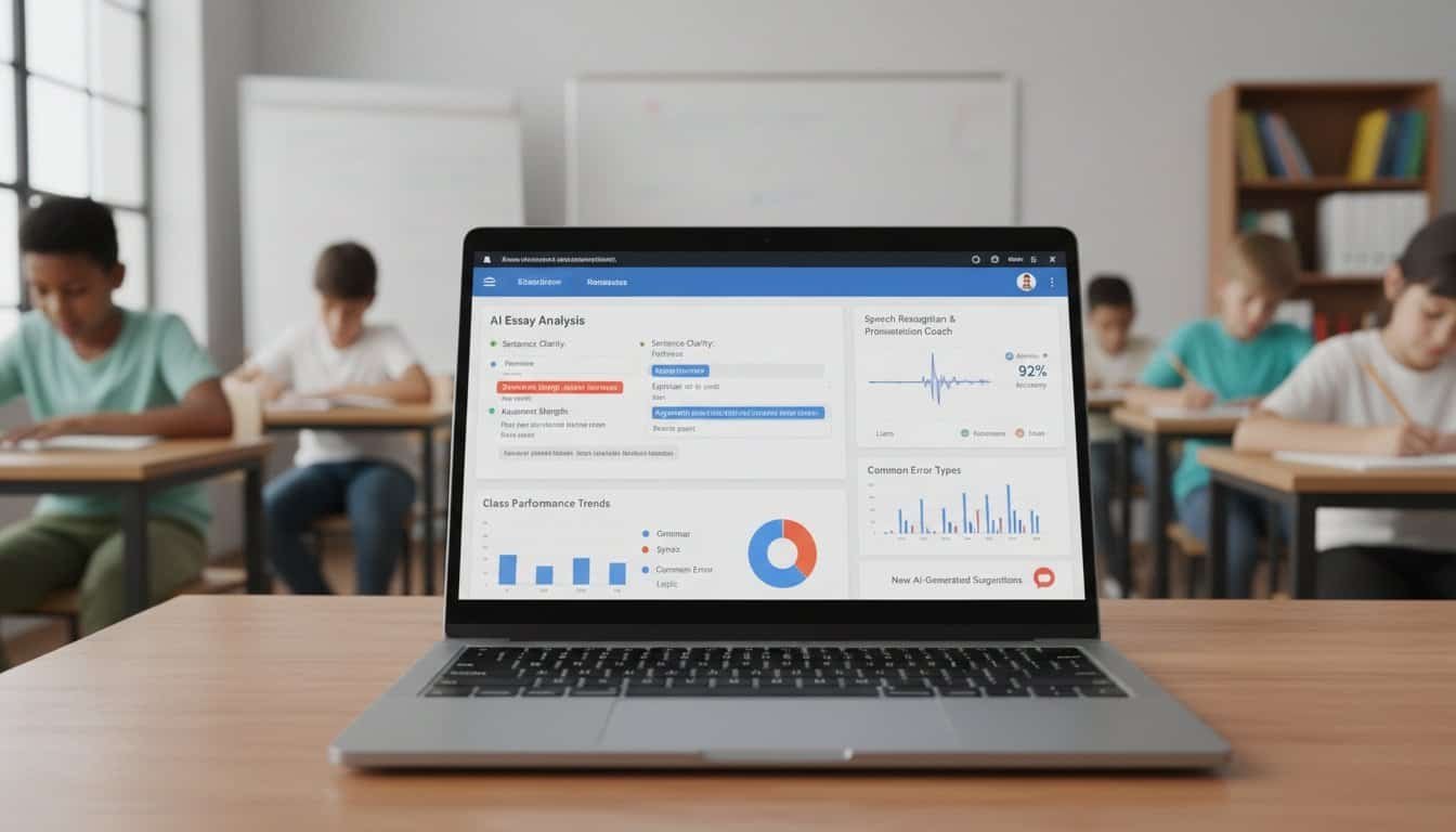 An educational setting with students taking a test, featuring a laptop displaying analytical data, charts, and progress metrics for website tools and products.