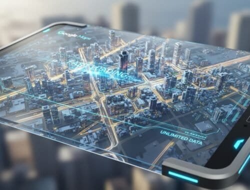 Futuristic smartphone displaying a holographic 3D city map with data overlays representing urban infrastructure and high-tech features.