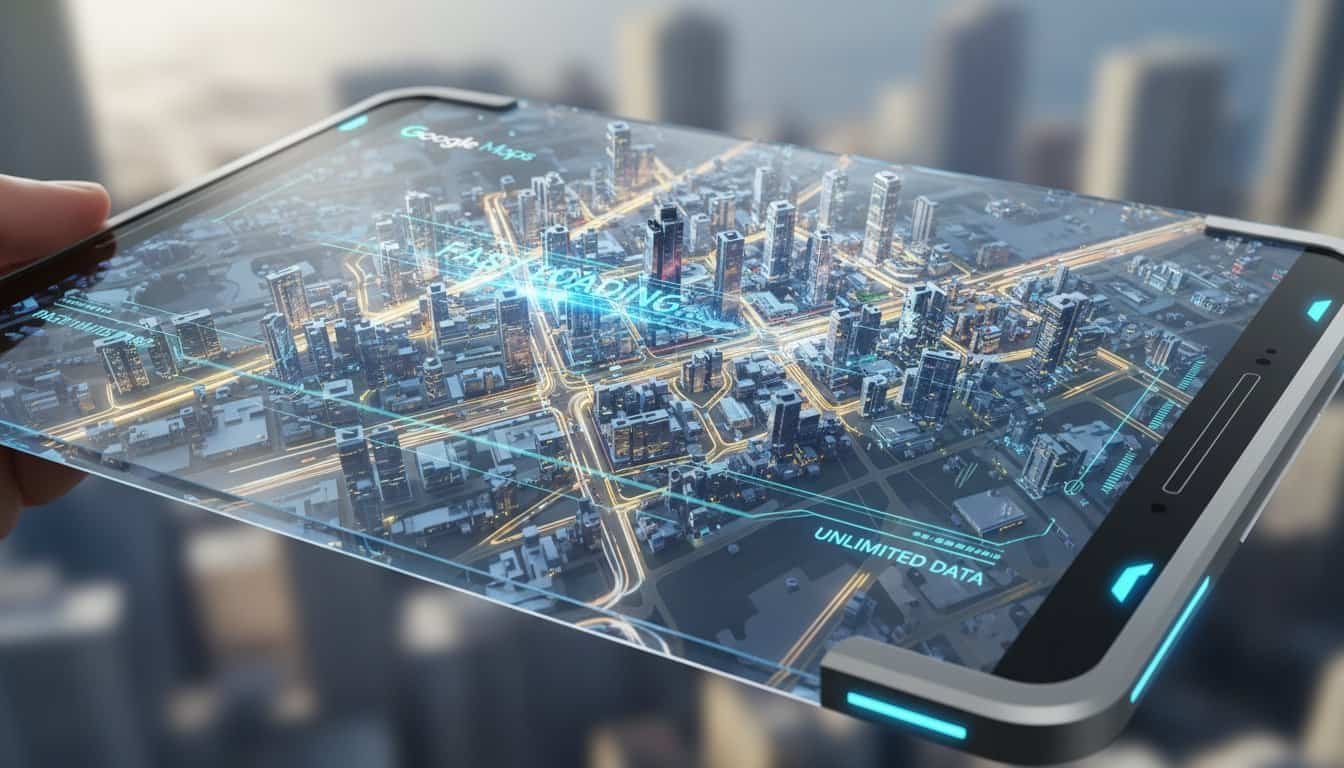 Futuristic smartphone displaying a holographic 3D city map with data overlays representing urban infrastructure and high-tech features.