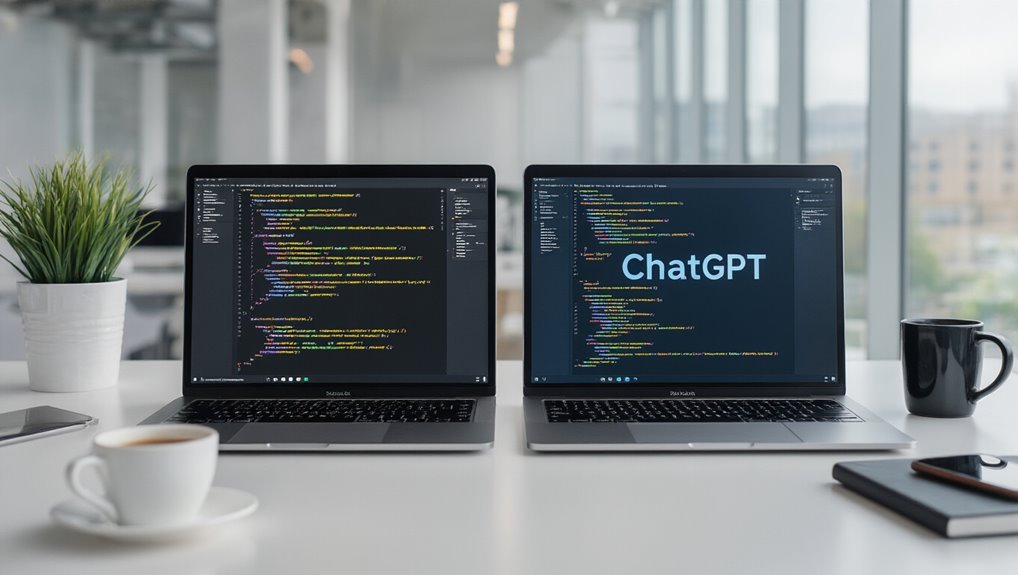 Highly detailed image of two laptops displaying coding screens on a clean desk, including a potted plant, cups, and a smartphone, highlighting website development tools and modern workspace setup.