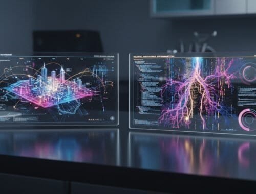 Futuristic digital data dashboards showcasing city infrastructure and biological neural networks on transparent screens for advanced tech analysis.