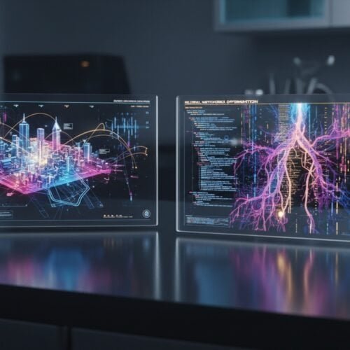 Google AI Text Generator vs Chatgpt: Which Writes Clearer, Safer, More Trustworthy Content? 9 Futuristic digital data dashboards showcasing city infrastructure and biological neural networks on transparent screens for advanced tech analysis.