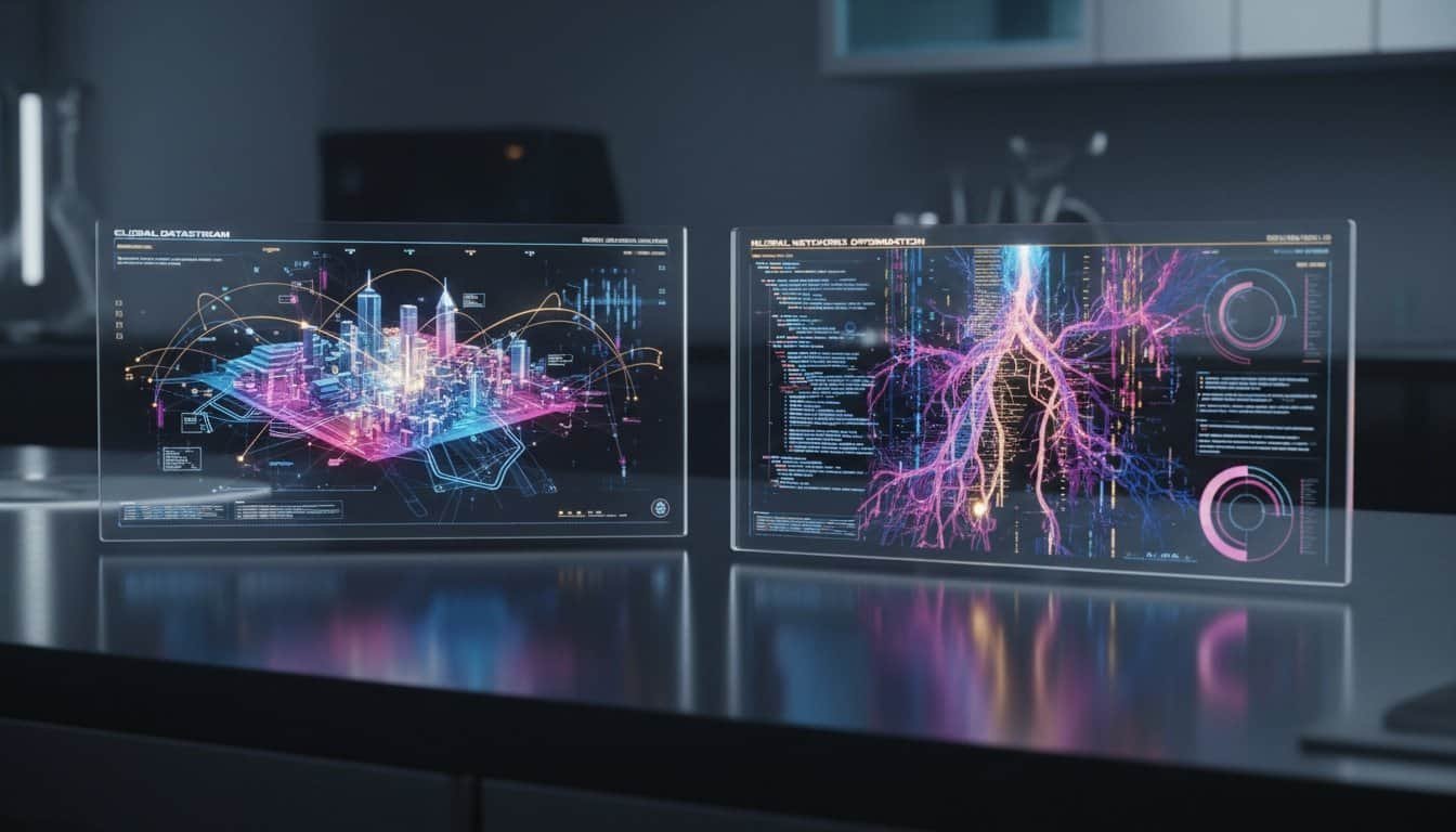 Futuristic digital data dashboards showcasing city infrastructure and biological neural networks on transparent screens for advanced tech analysis.