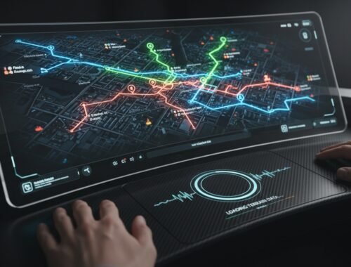 A high-tech digital map displayed on a futuristic touchscreen interface, highlighting various interconnected routes and data points for website management and analytics.