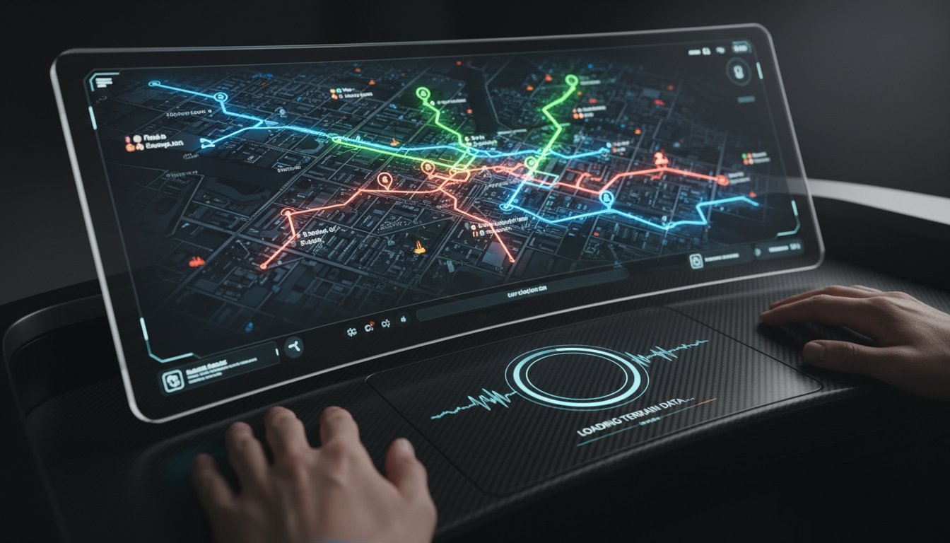 A high-tech digital map displayed on a futuristic touchscreen interface, highlighting various interconnected routes and data points for website management and analytics.