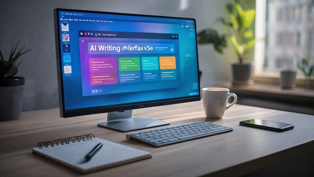 AI writing and productivity tools showcased on a modern workspace monitor, with a notebook, coffee mug, and smartphone on a desk. Perfect for optimizing website management and content creation.