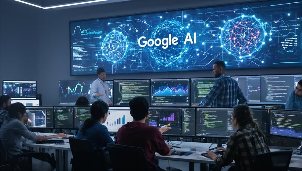 A high-tech training room with multiple computer monitors displaying data, code, and graphs, featuring a large digital screen that shows "Google AI" with interconnected neural networks, illustrating artificial intelligence technology.